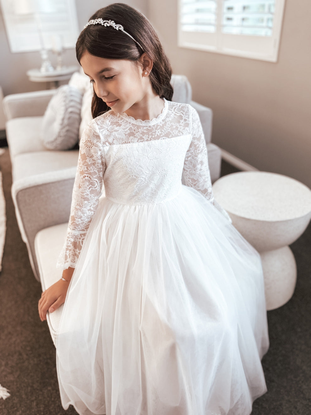 Melody Long Sleeve Girls White Dress - A Little Lacey · Photo 6 of 9