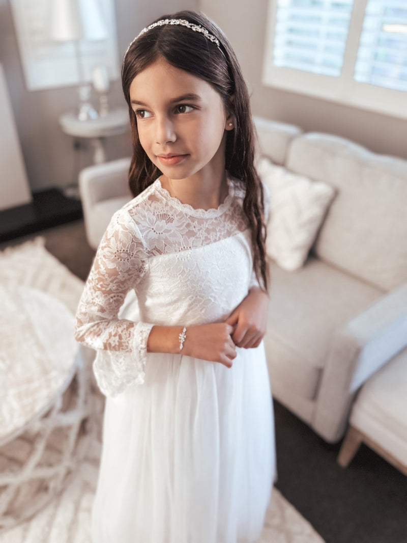 Melody Long Sleeve Girls White Dress - A Little Lacey