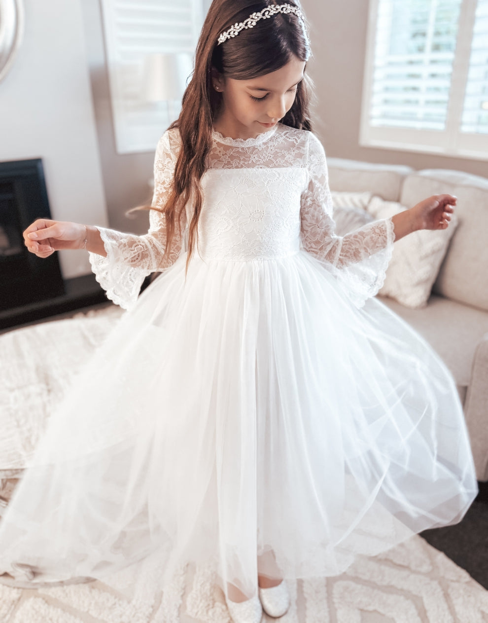 Melody Long Sleeve Girls White Dress - A Little Lacey · Photo 9 of 9