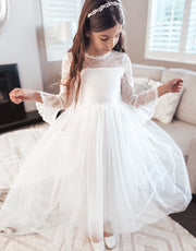 Melody Long Sleeve Girls White Dress - A Little Lacey