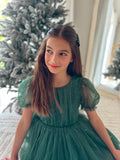 Set of two mini green pigtail bows with alligator clips