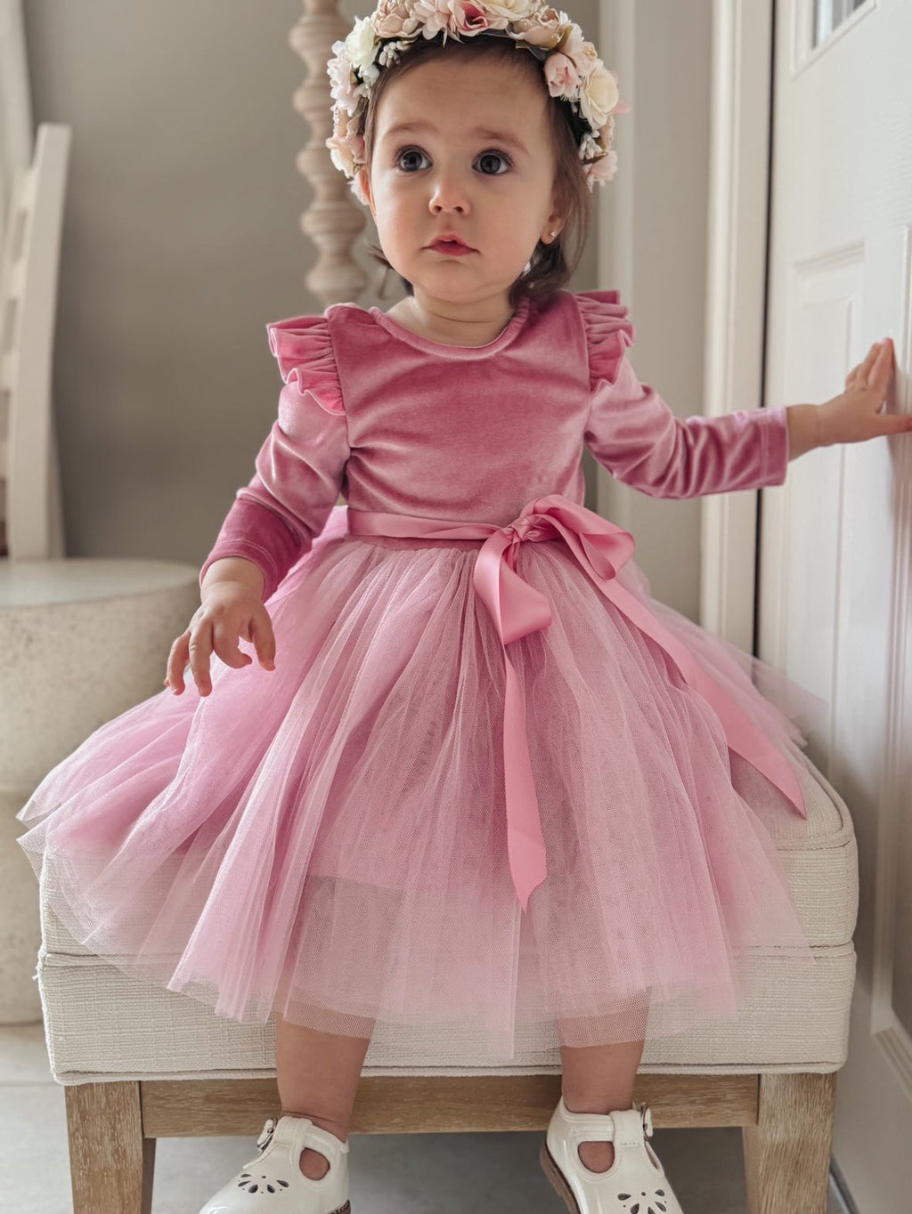 Nellie Girls Rose Pink Velvet Dress - Flower Girl Dresses