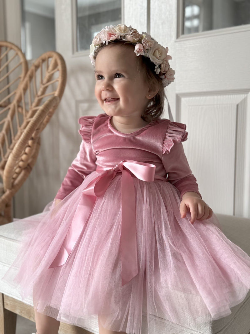 Nellie Girls Rose Pink Velvet Dress - A Little Lacey