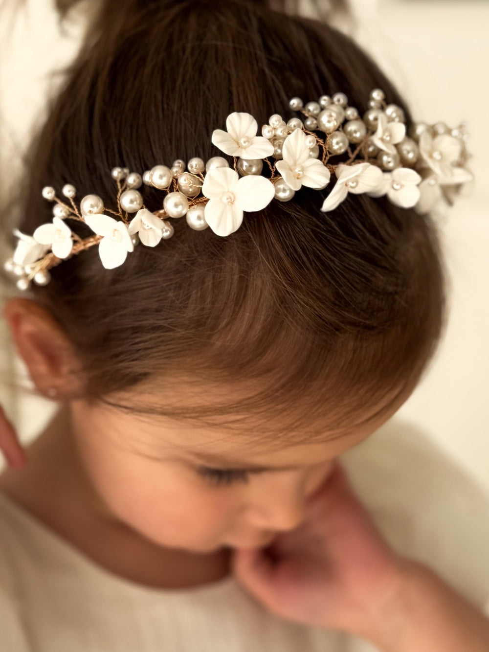 Flower girl headpiece – porcelian petals and pearls