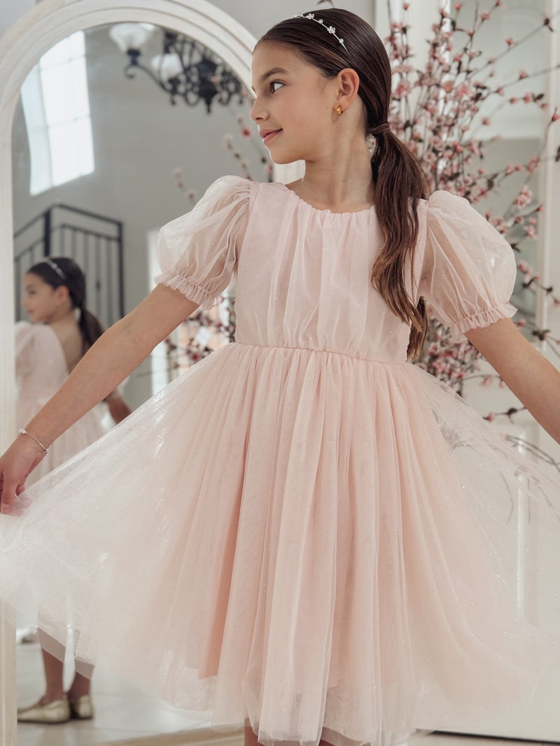 Nina Sparkle Peach Flower Girl Dress - A Little Lacey