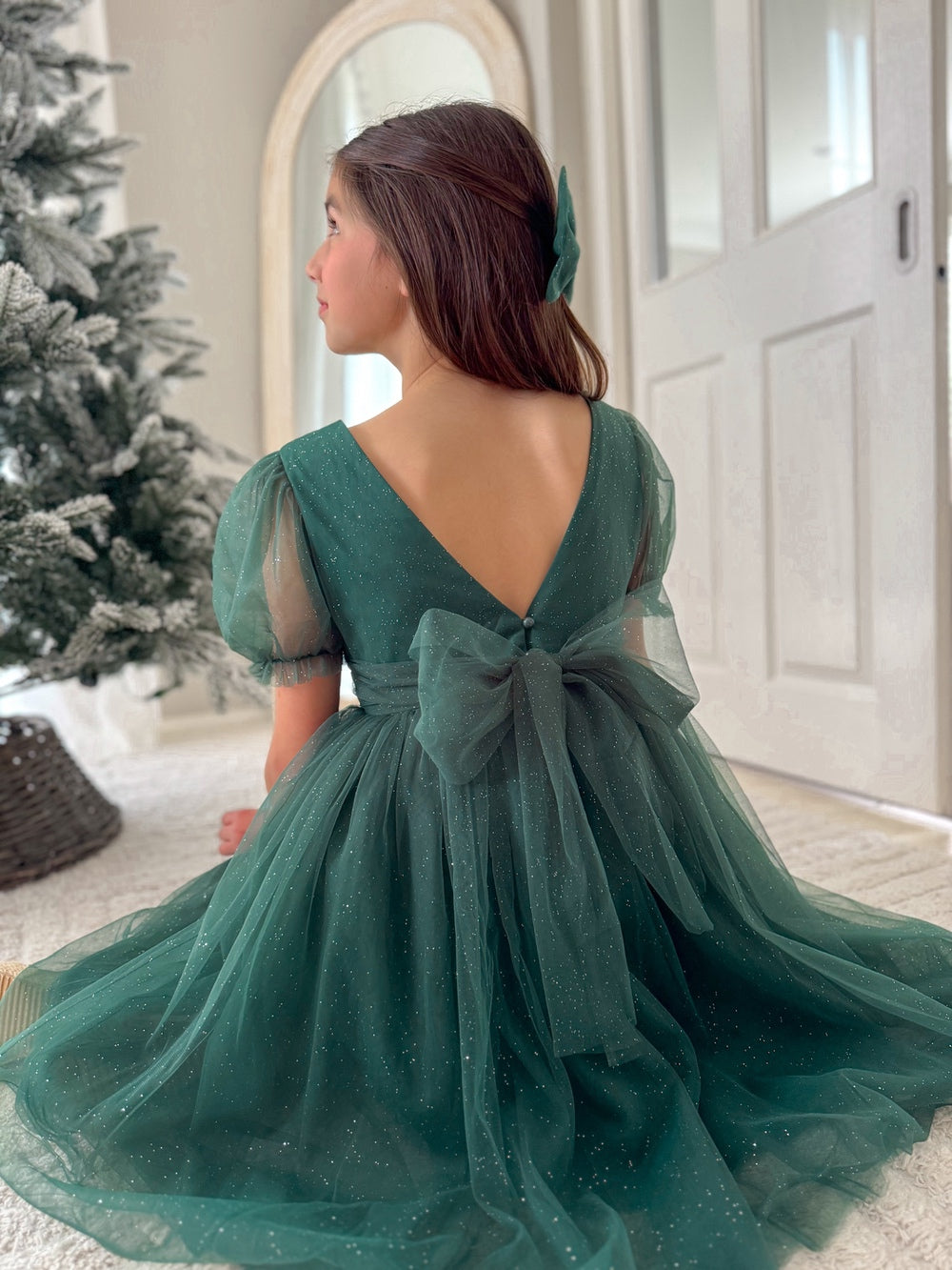 Nina Green Sparkle Girls Christmas Dress - Christmas Dresses and RompersGirls green dress with bow and V-back design for Christmas photos