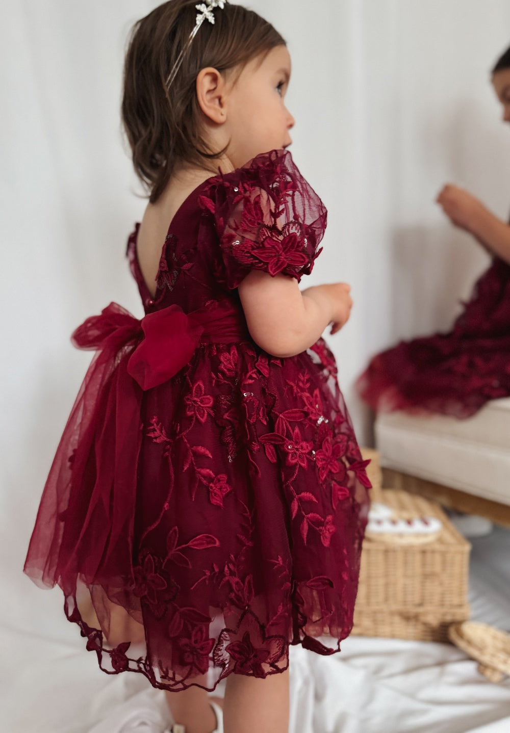 Vienna Girls 3D Embroidery Dress - Burgundy - Flower Girl Dresses