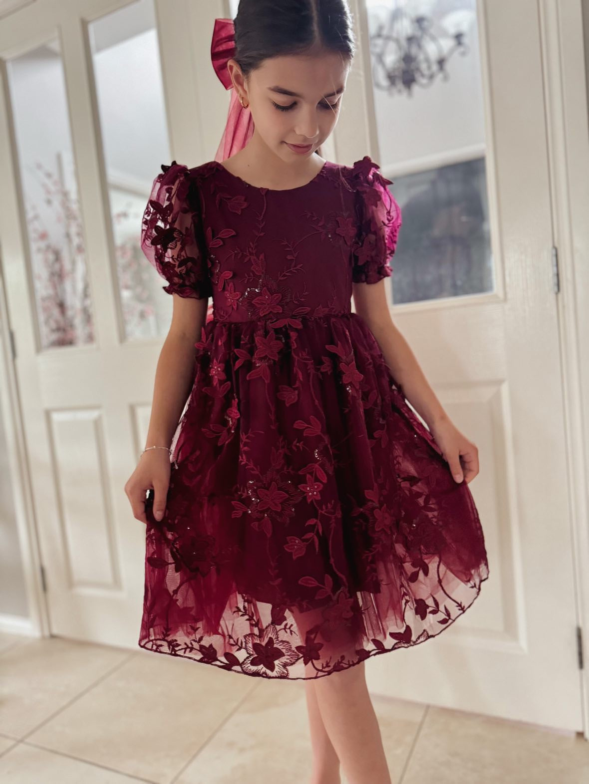 girls burgundy dress Tiered Long Sleeve Cotton Dress Available in various colors to match your sophisticated bridal party theme. Girls Quinn Dress Cosmic Burgundy