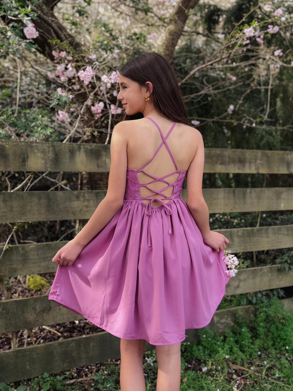 Norah Mauve Girls Dress - Tween Girls DressesCalm portrait with mauve graduation dress and lace features