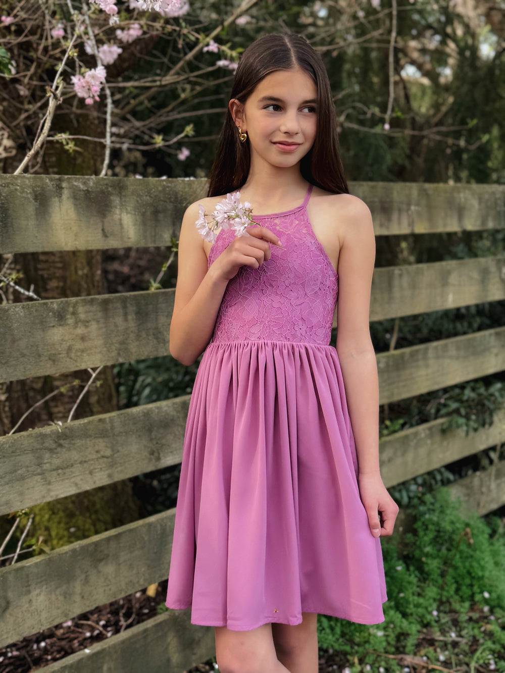 Norah Mauve Girls Dress - Tween Girls DressesDelicate lace and fitted waist on girls graduation dress in mauve