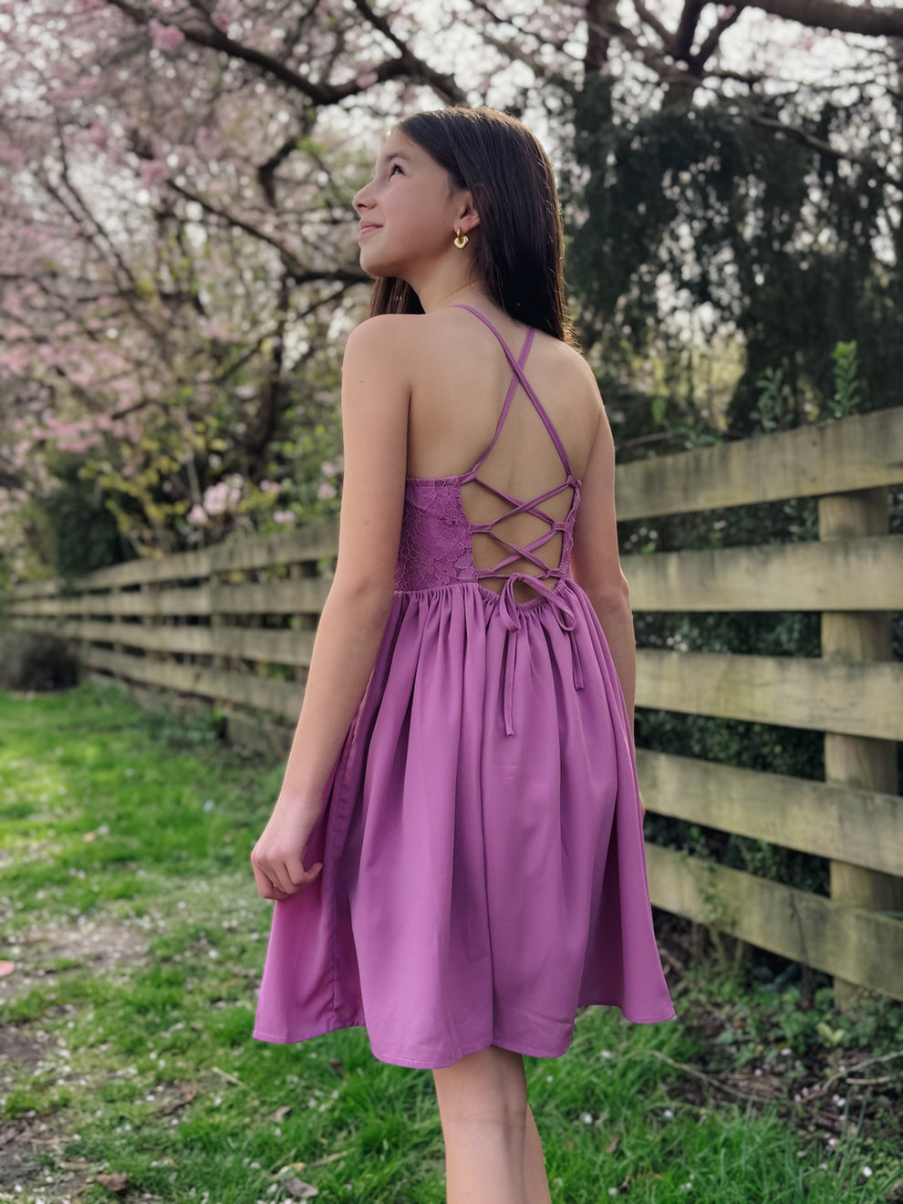 Mauve lace-up back girls graduation dress