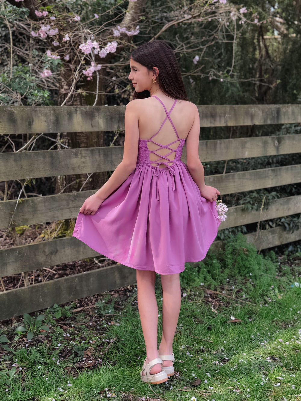Adjustable lace back on chiffon mauve dress for graduation