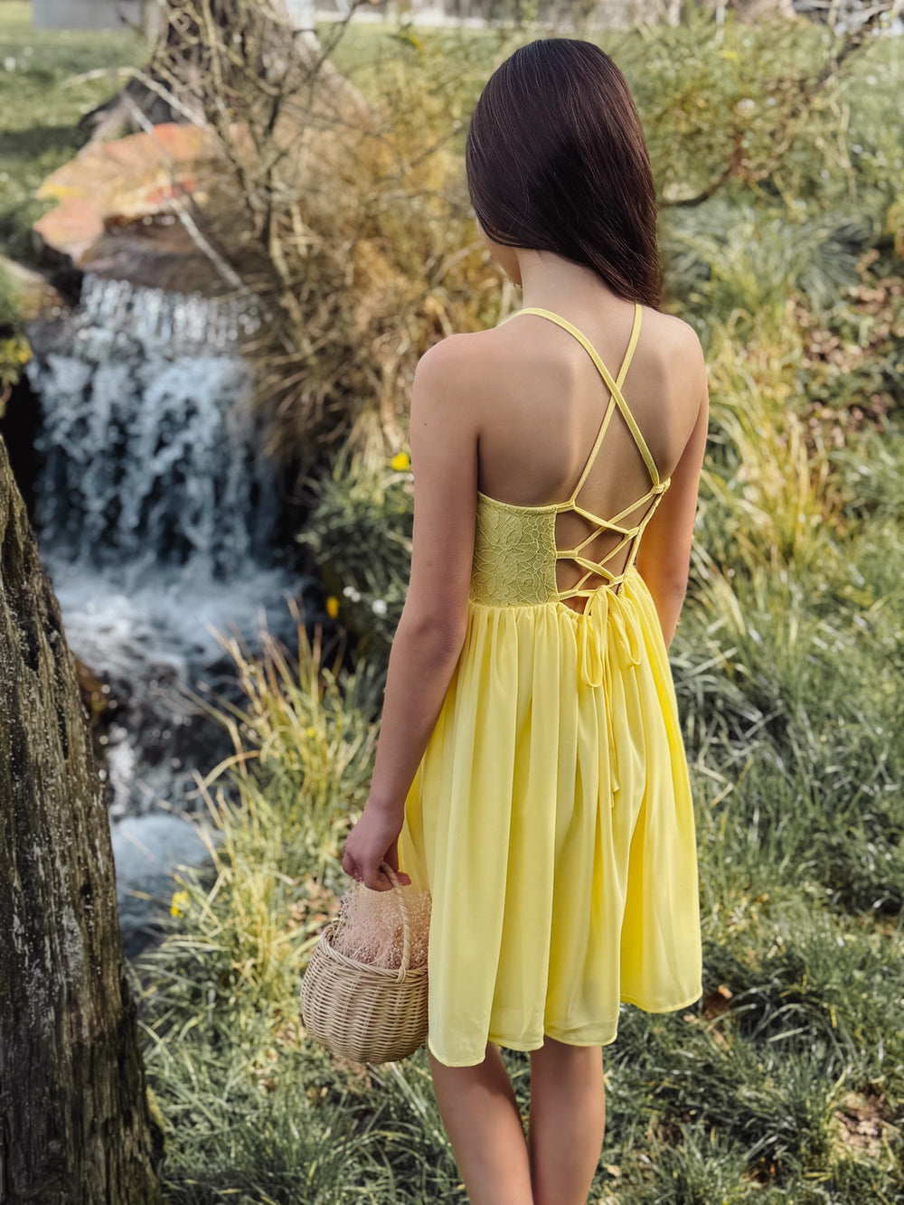 Norah Yellow Girls Dress - Tween Girls DressesYellow graduation dress with adjustable lace-up back detail