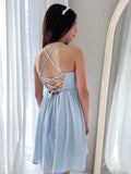 Girls graduation dress with lace-up detail in soft blue