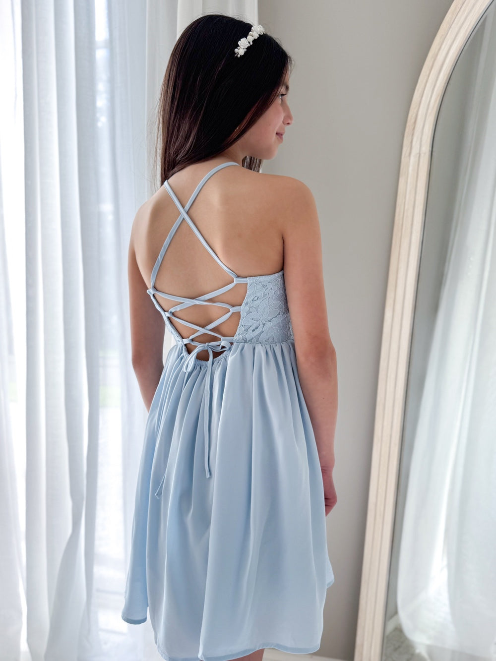 Norah Light Blue Girls Dress - Tween Girls DressesGirls graduation dress with lace-up detail in soft blue