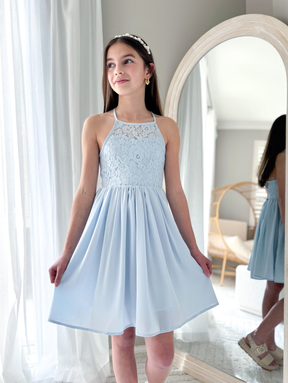 Light blue girls graduation dress with lace bodice and chiffon skirt