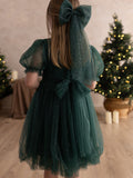 Nina girls green Christmas dress showing back design and bow