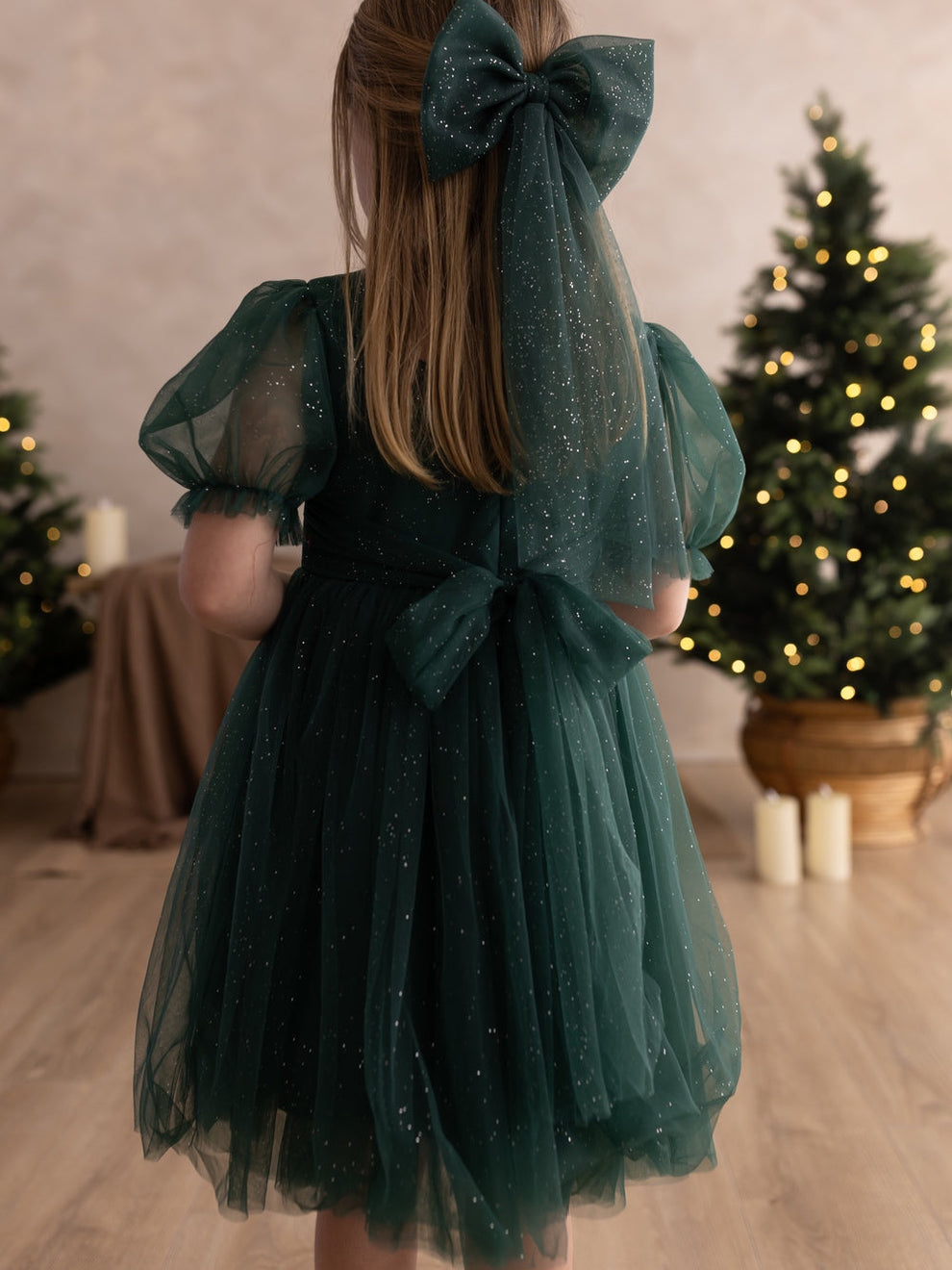 Nina girls green Christmas dress showing back design and bow
