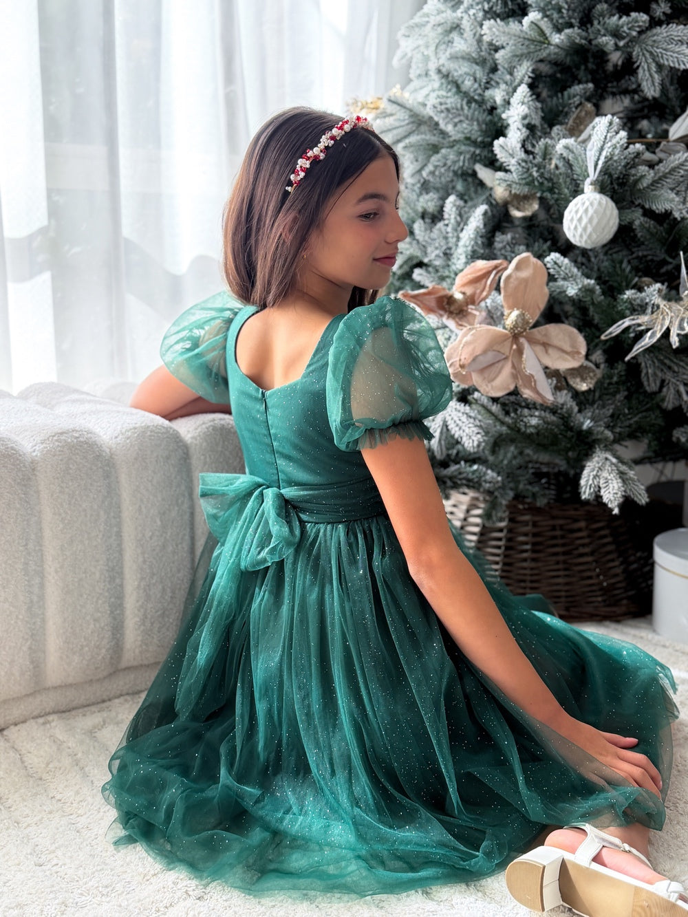 Girls emerald green Christmas dress with back bow detail