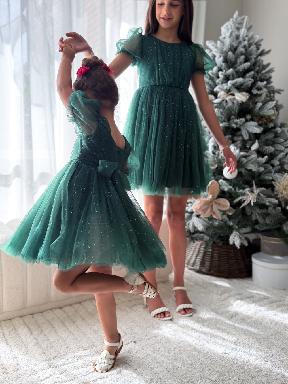 Nina Green Sparkle Girls Christmas Dress with puff sleeves