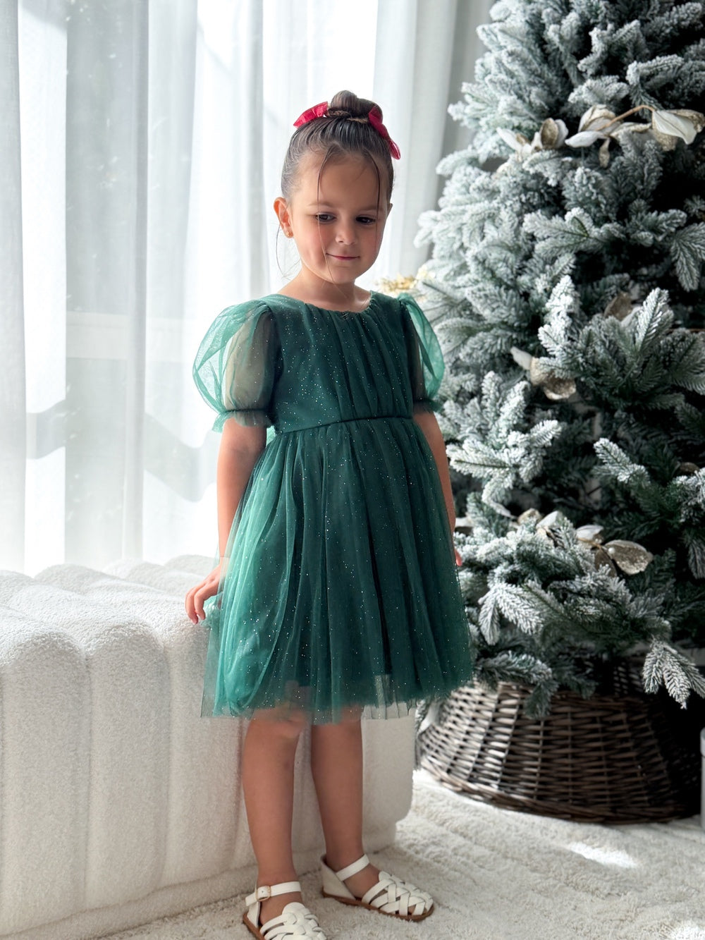 Green shimmer Christmas dress for girls with puff sleeves