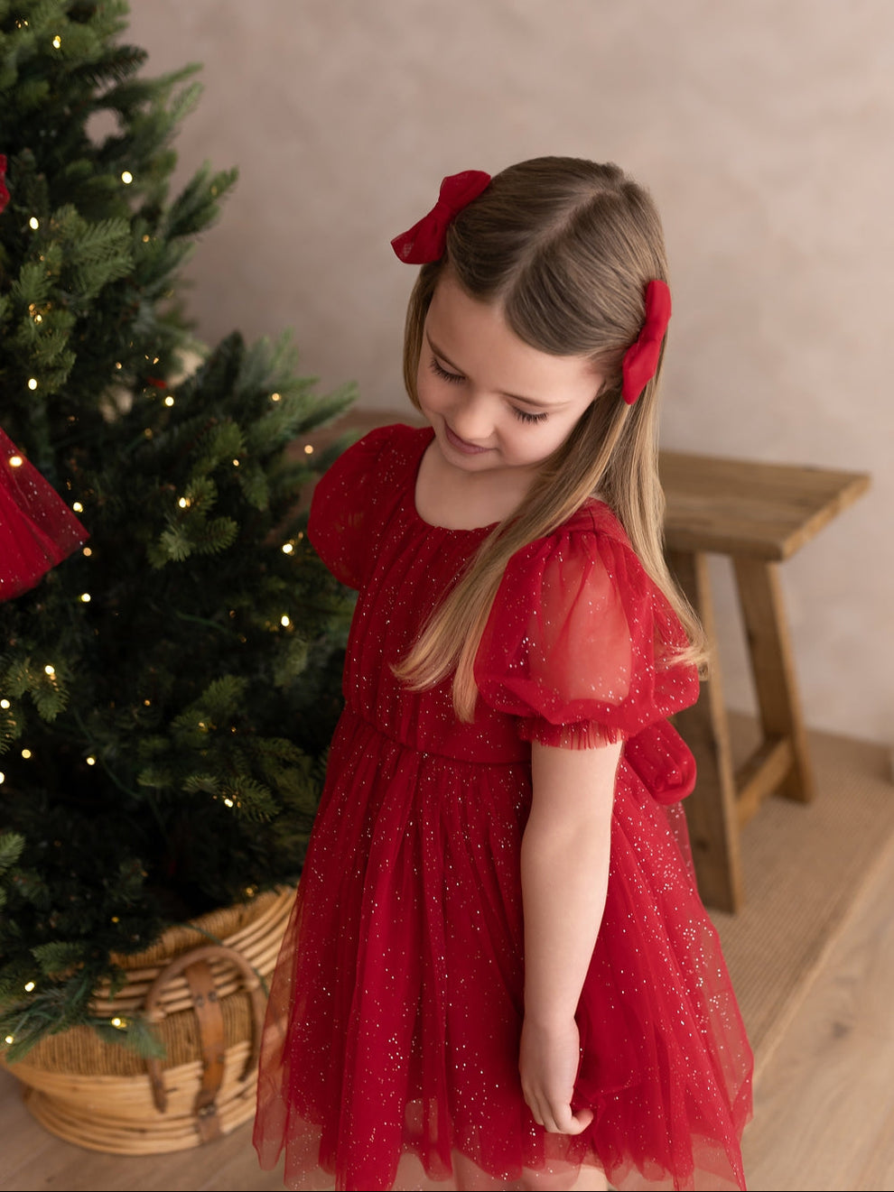 Red glitter party dress for girls shown from the side