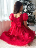 Red shimmer Christmas dress for girls with puff sleeves