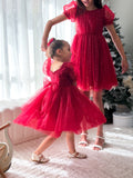 Red sparkle puff sleeve dress for girls special occasions