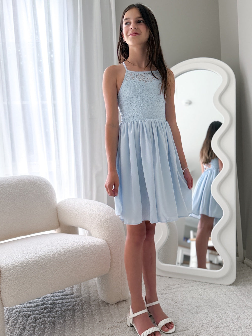 Norah light blue girls graduation dress with lace bodice