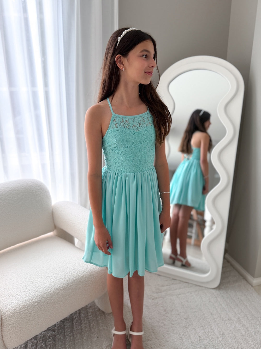 Girls Year 6 graduation dress in soft turquoise chiffon