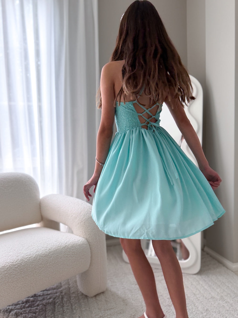 Elegant girls turquoise graduation dress with cotton lining