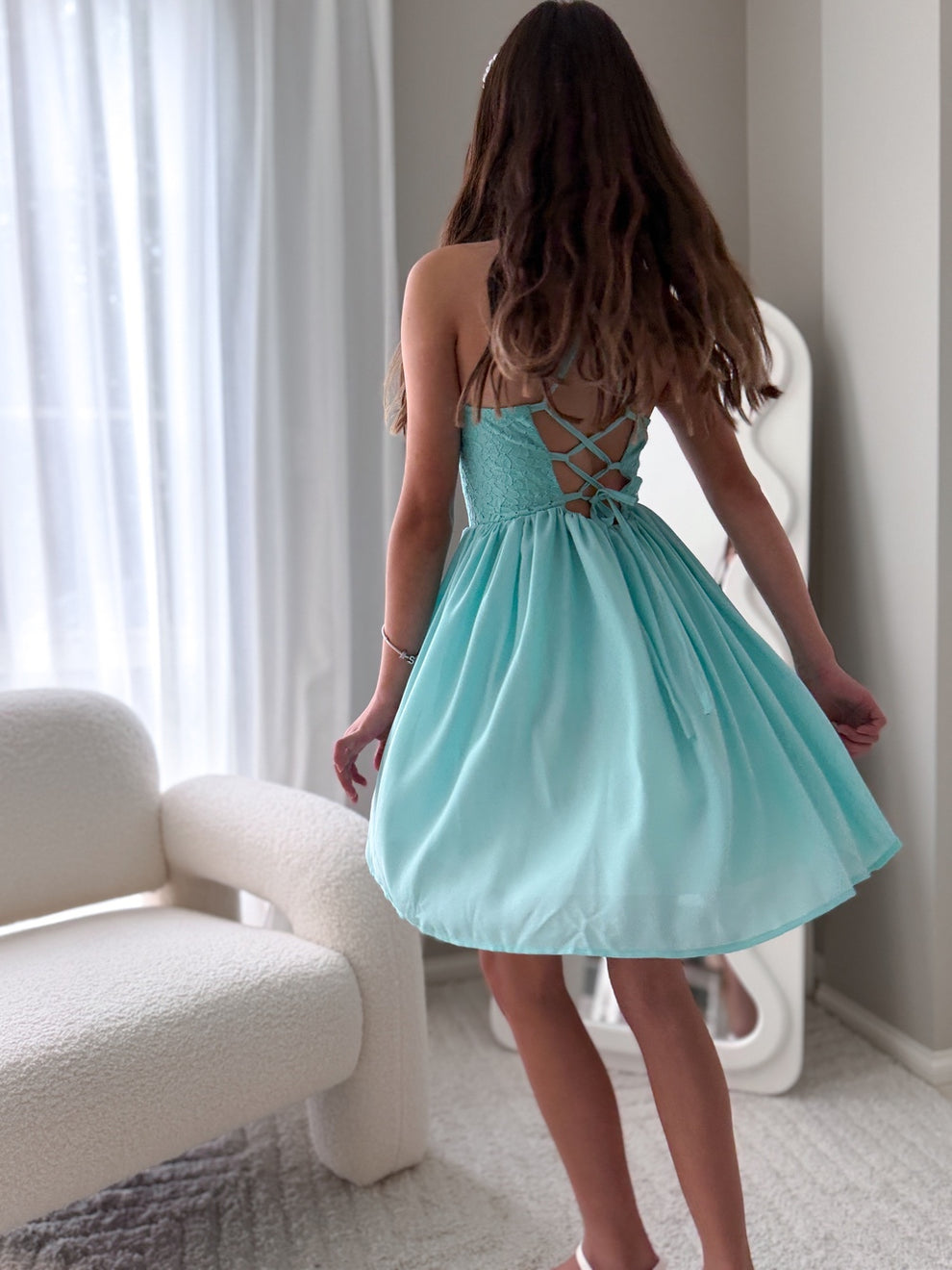 Elegant girls turquoise graduation dress with cotton lining