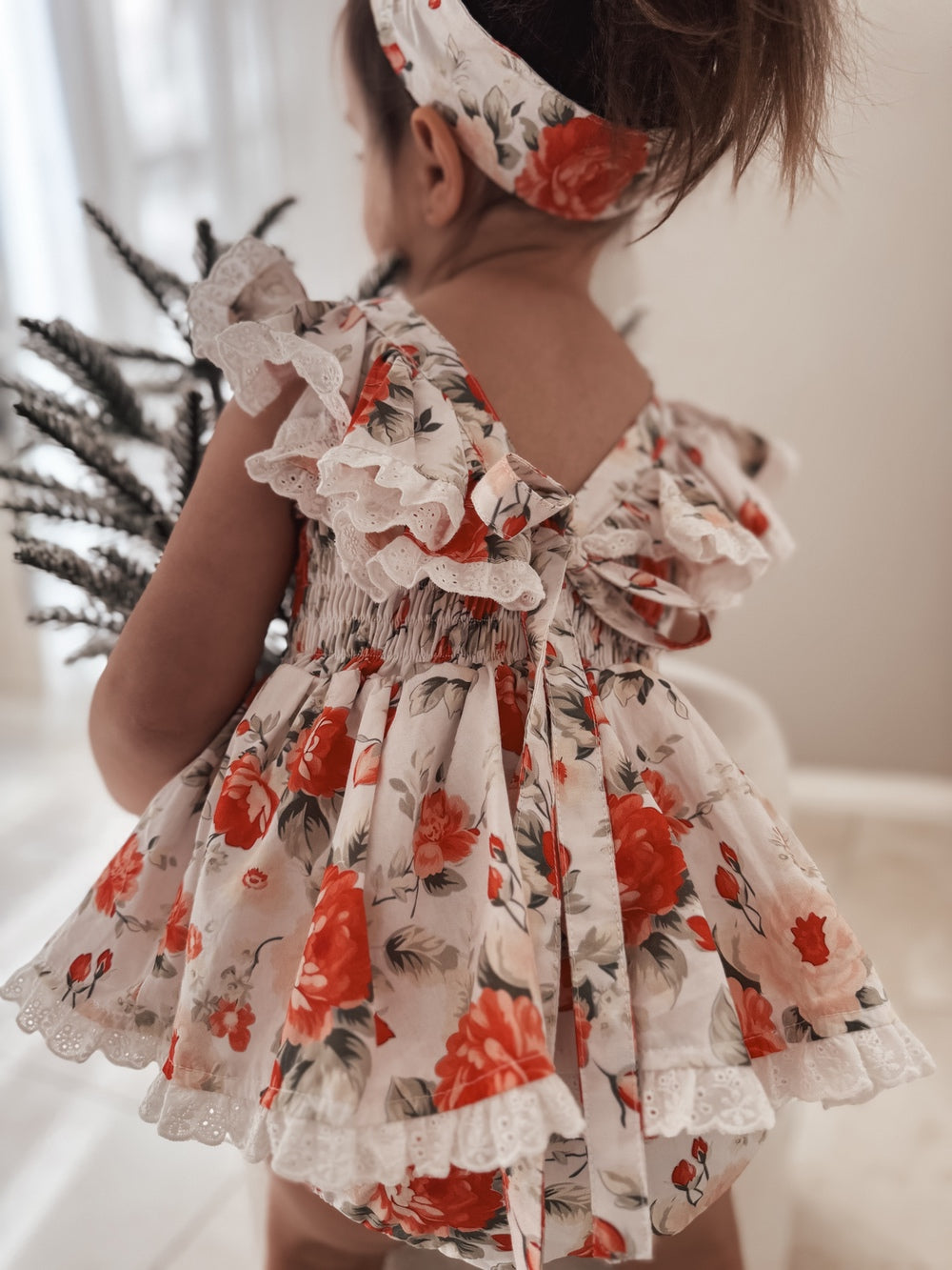 Floral Christmas romper with soft cotton finish and headwrap