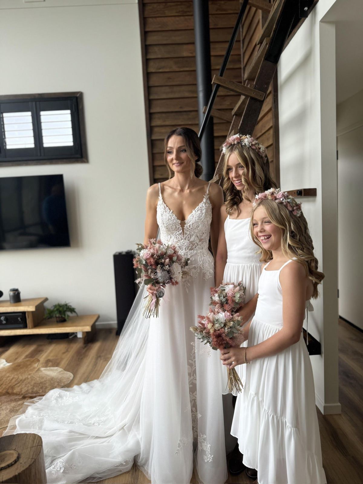 Girls white junior bridesmaid high low wedding dress with boots
