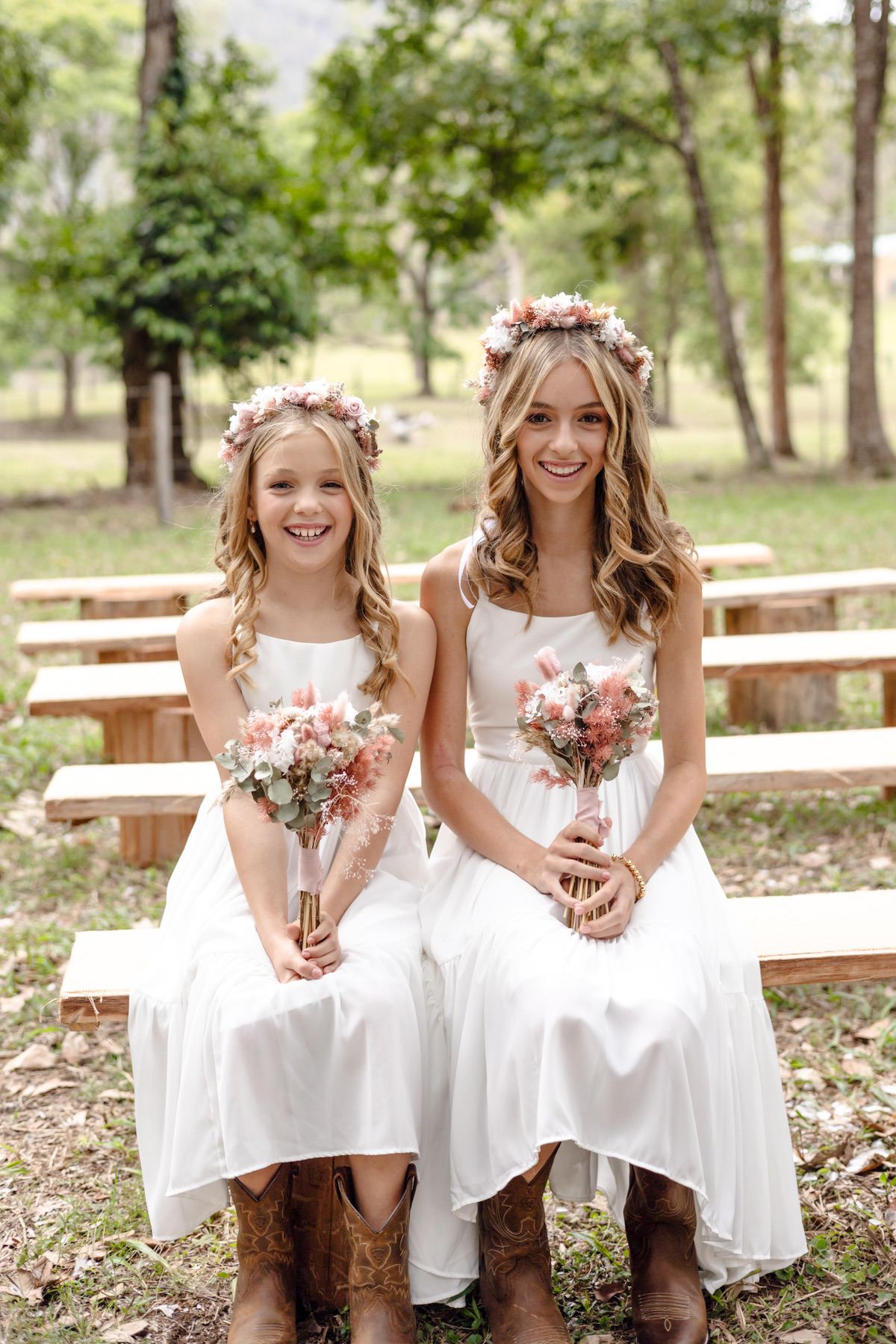 Girls white flower girl dresses with boots and flower crowns