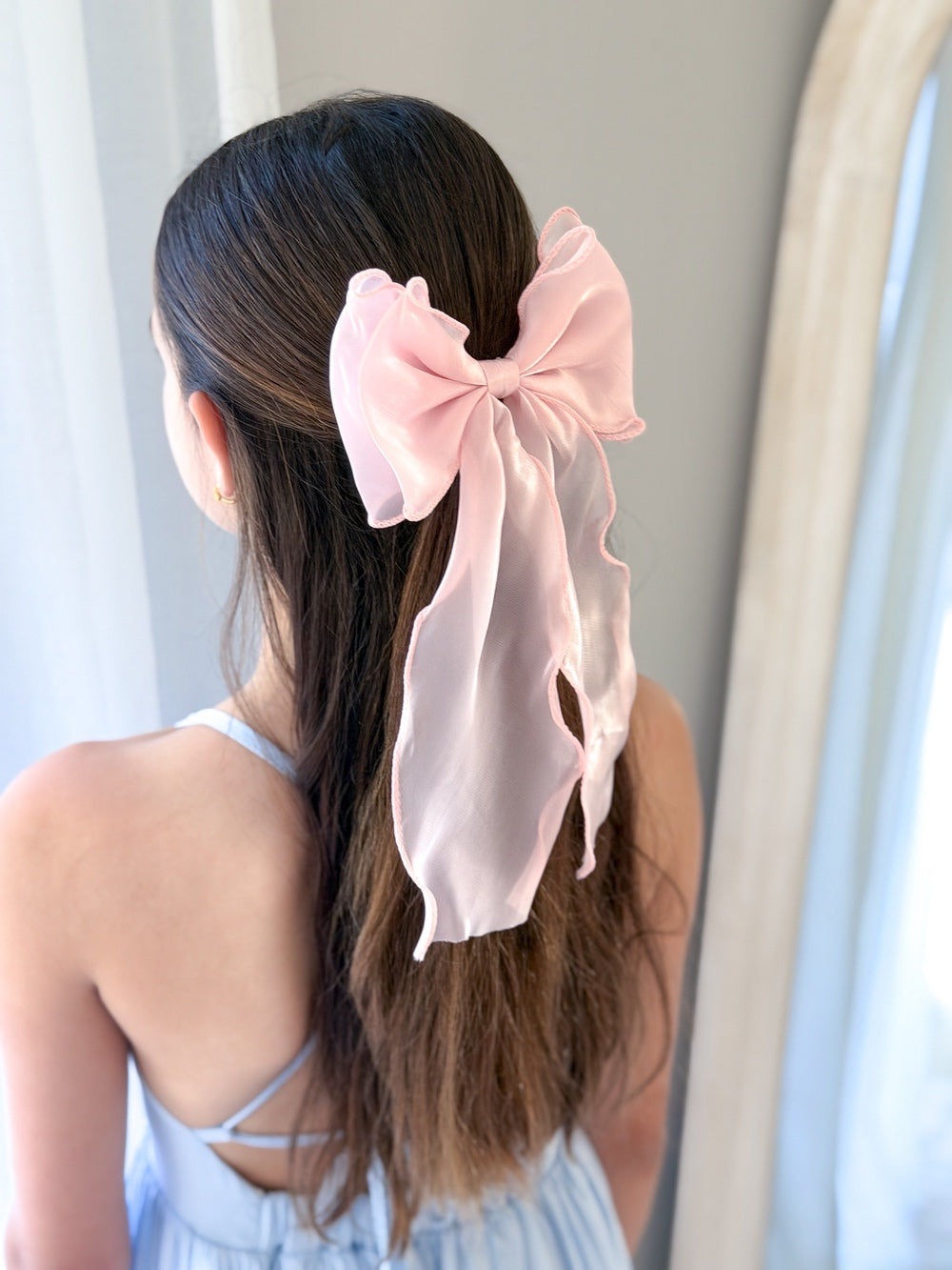 Light pink organza girls hair bow on clip for special occasions