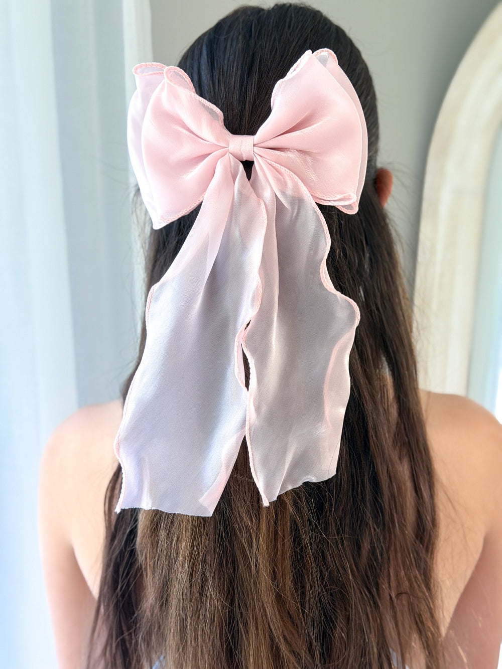 Girls light pink organza bow accessory for flower girls