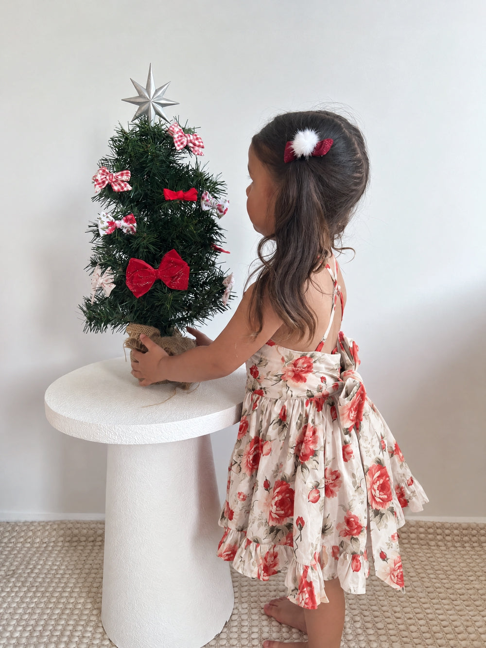 girls red floral christmas dress large bow and tie up back for matching christmas
