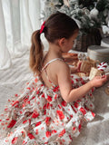 Olive girls floral christmas dress in red  with tie up bow
