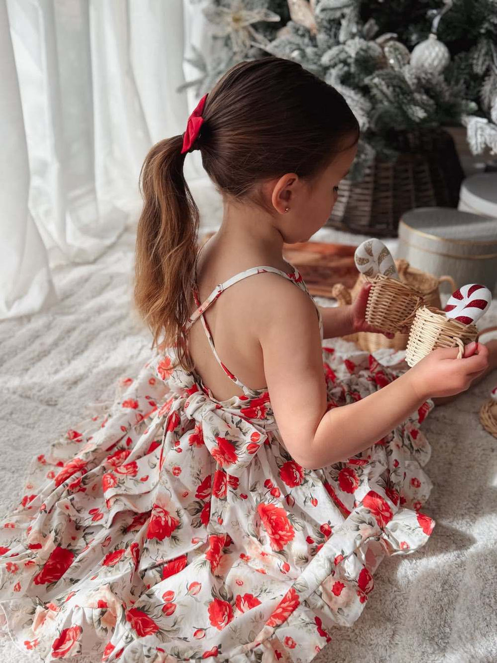 Olive girls floral christmas dress in red  with tie up bow