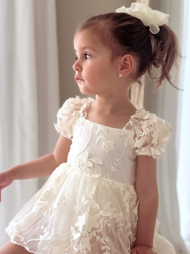 Petal Ivory Embroidered Baby Dress – fully embroidered ivory baby dress with puff sleeves by A Little Lacey