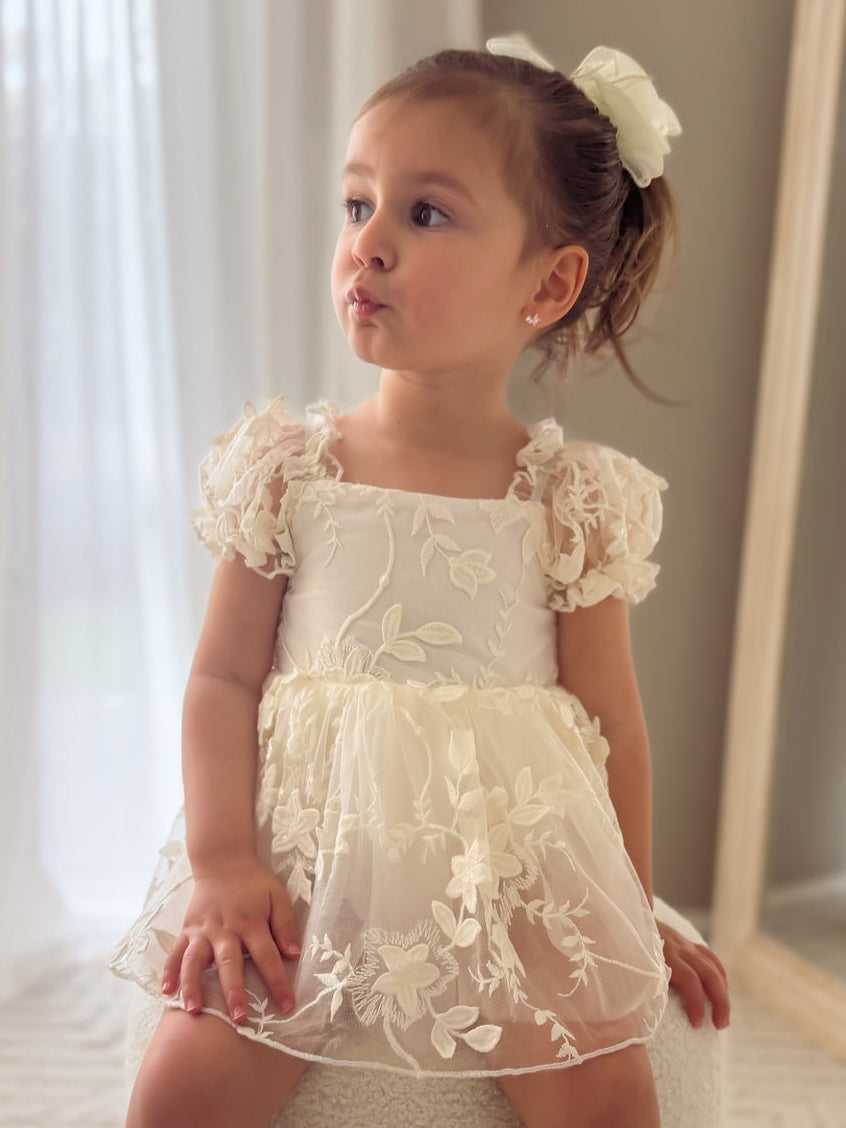 Petal Ivory Embroidered Baby DressPetal Ivory Embroidered Baby Dress – fully embroidered ivory baby dress with puff sleeves by A Little Lacey