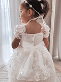 Back view showing three-button closure and tulle bow – Petal White Embroidered Baby Dress