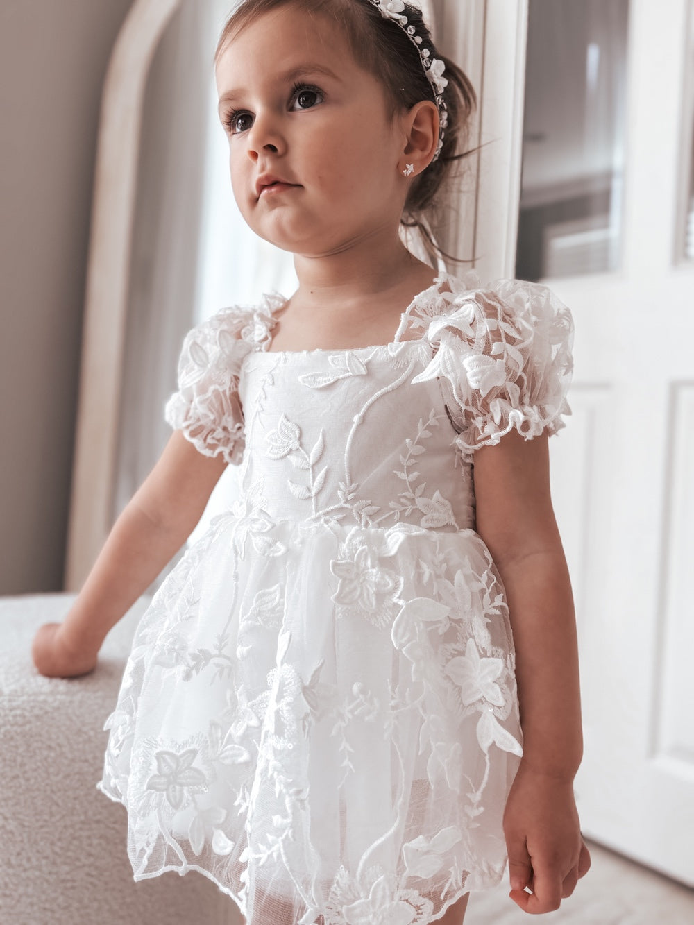 Petal White Embroidered Baby Dress – fully embroidered white baby dress with puff sleeves by A Little Lacey