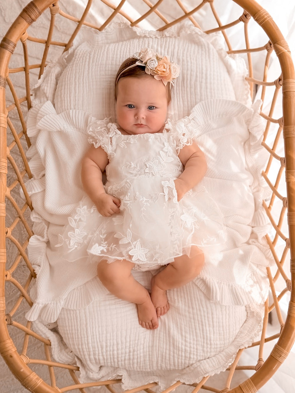 White embroidered baby romper for christenings and weddings
