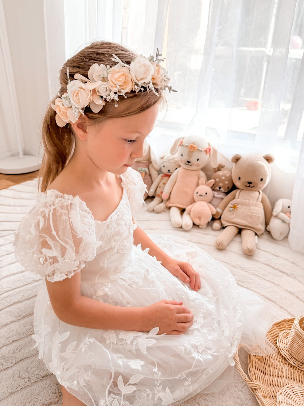 girls christening dress with embroidery and soft tulle overlay