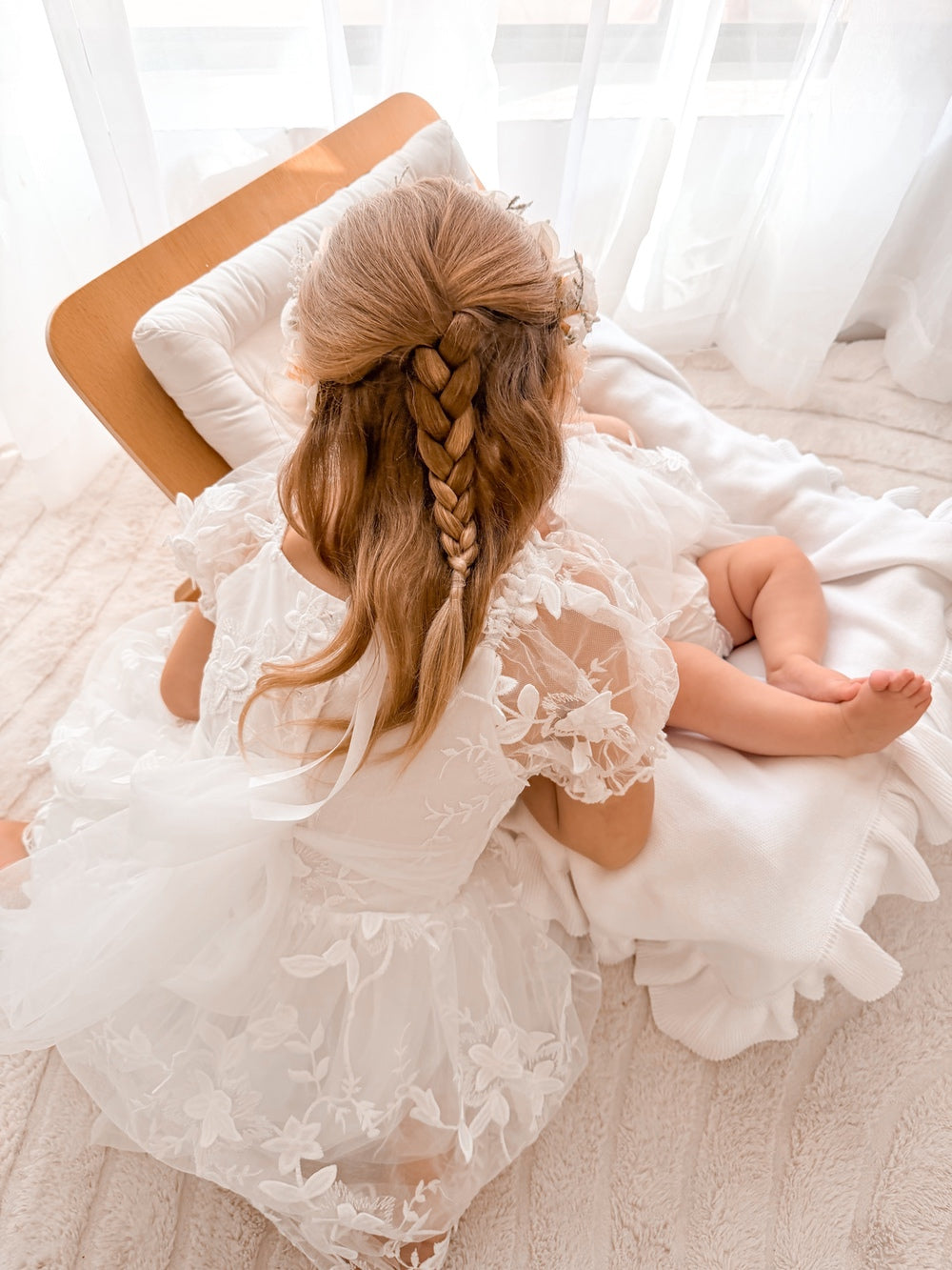 embroidered girls dress with tulle skirt and bow back