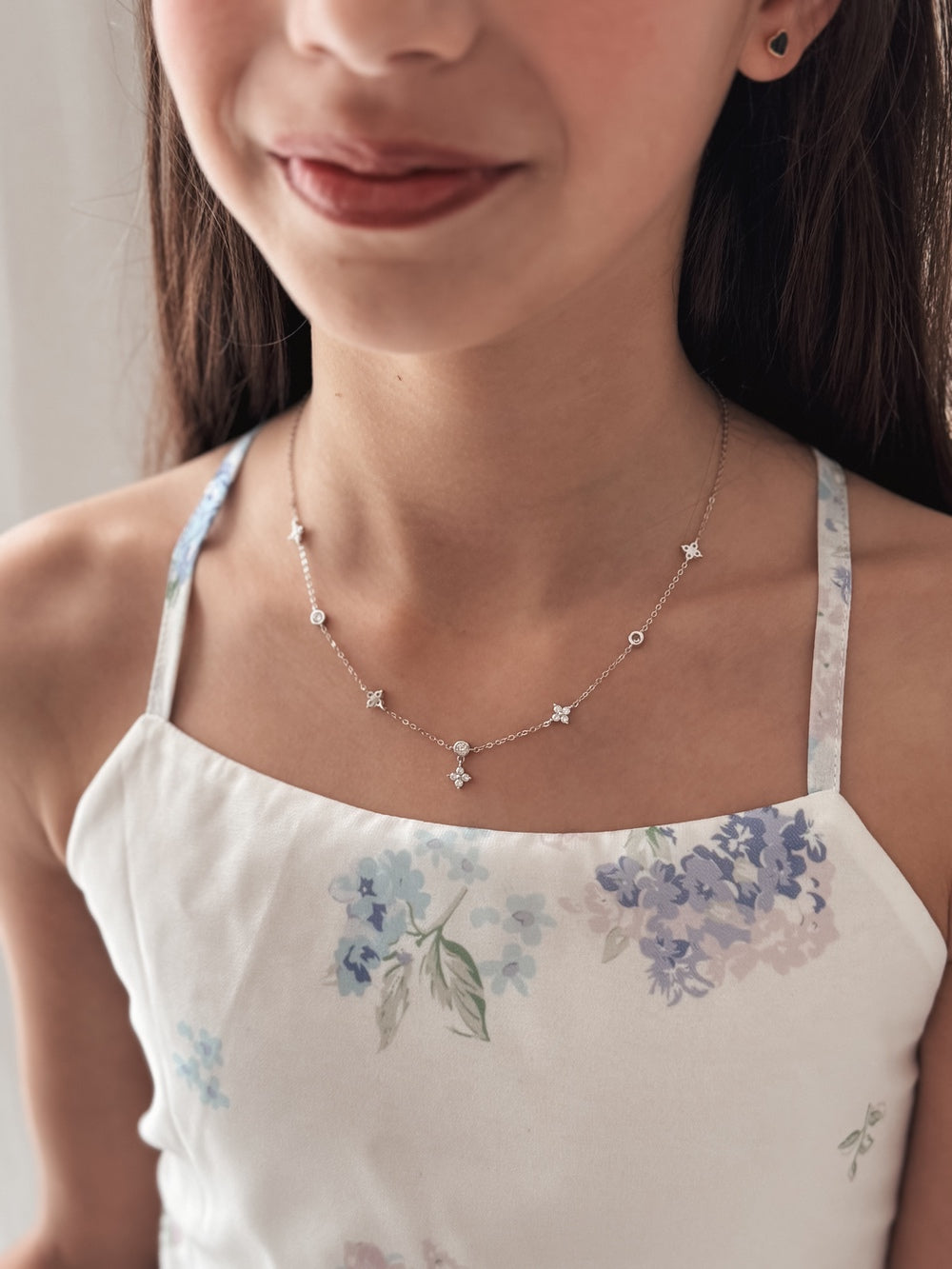 Petals and Light Girls Silver Necklace - Girls and Babies JewelleryPetals and Light girls silver necklace with dangling flower charm