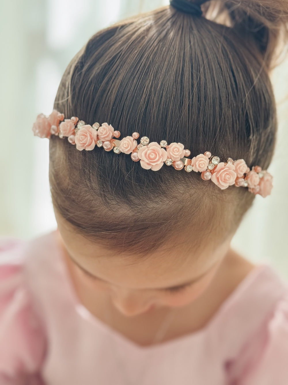Petals and Grace Girls Headband - Pink - Tiaras and HeadpiecesClose-up of pink floral headband with pearl and diamante details
