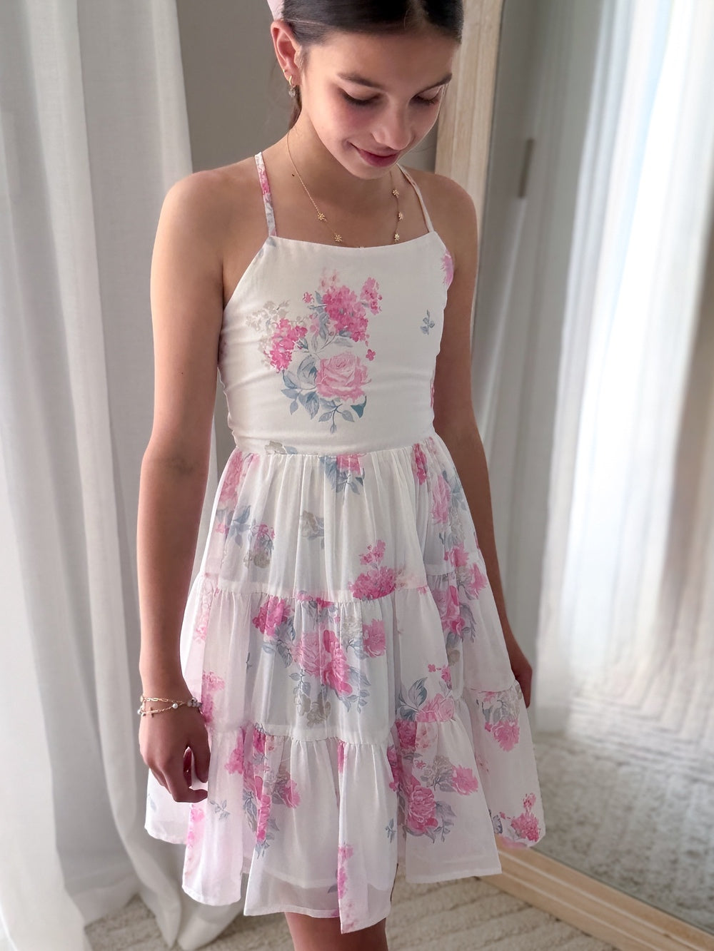 Phoebe Chiffon Girls Dress Pink Floral - Tween Girls DressesBack view showing tie-up bow and adjustable straps on pink floral dress